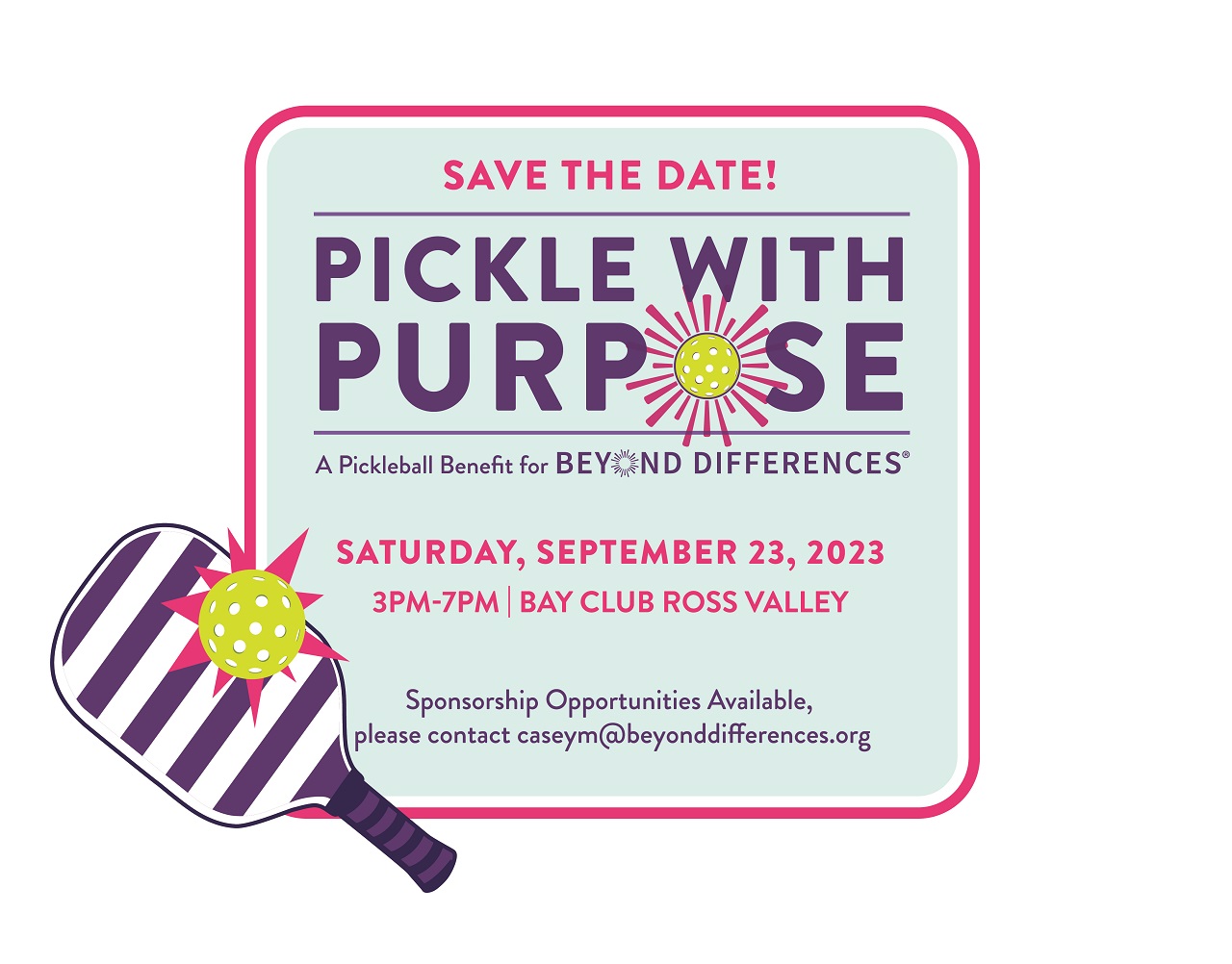 Save the Date invitation for Beyond Difference's Pickleball Benefit Septemeber 23, 2023